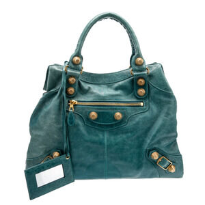 Balenciaga Classic Gold Studs Large Leather Shoulder Handbag Turquoise